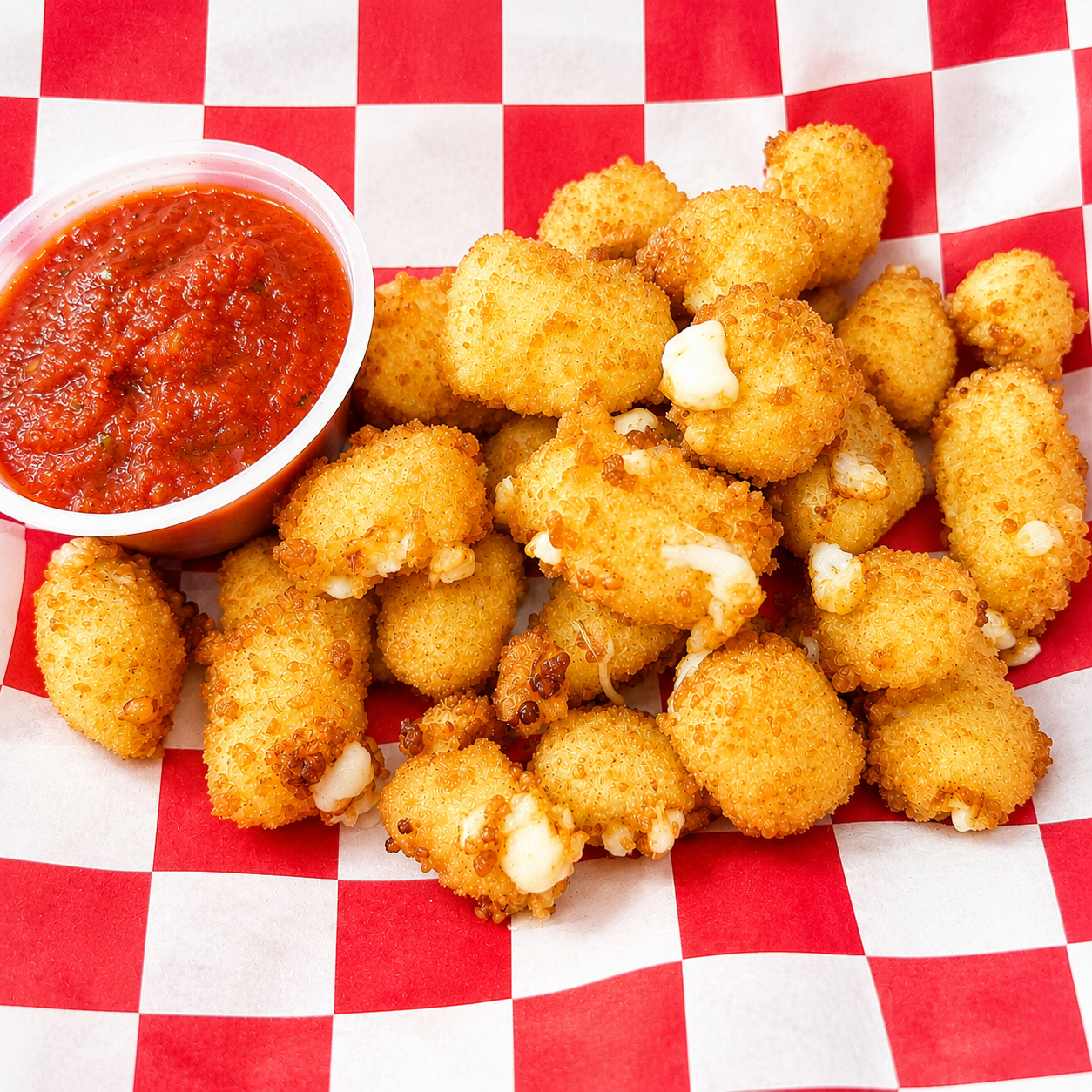 Crispy fried cheese curds with melted cheese served with marinara sauce