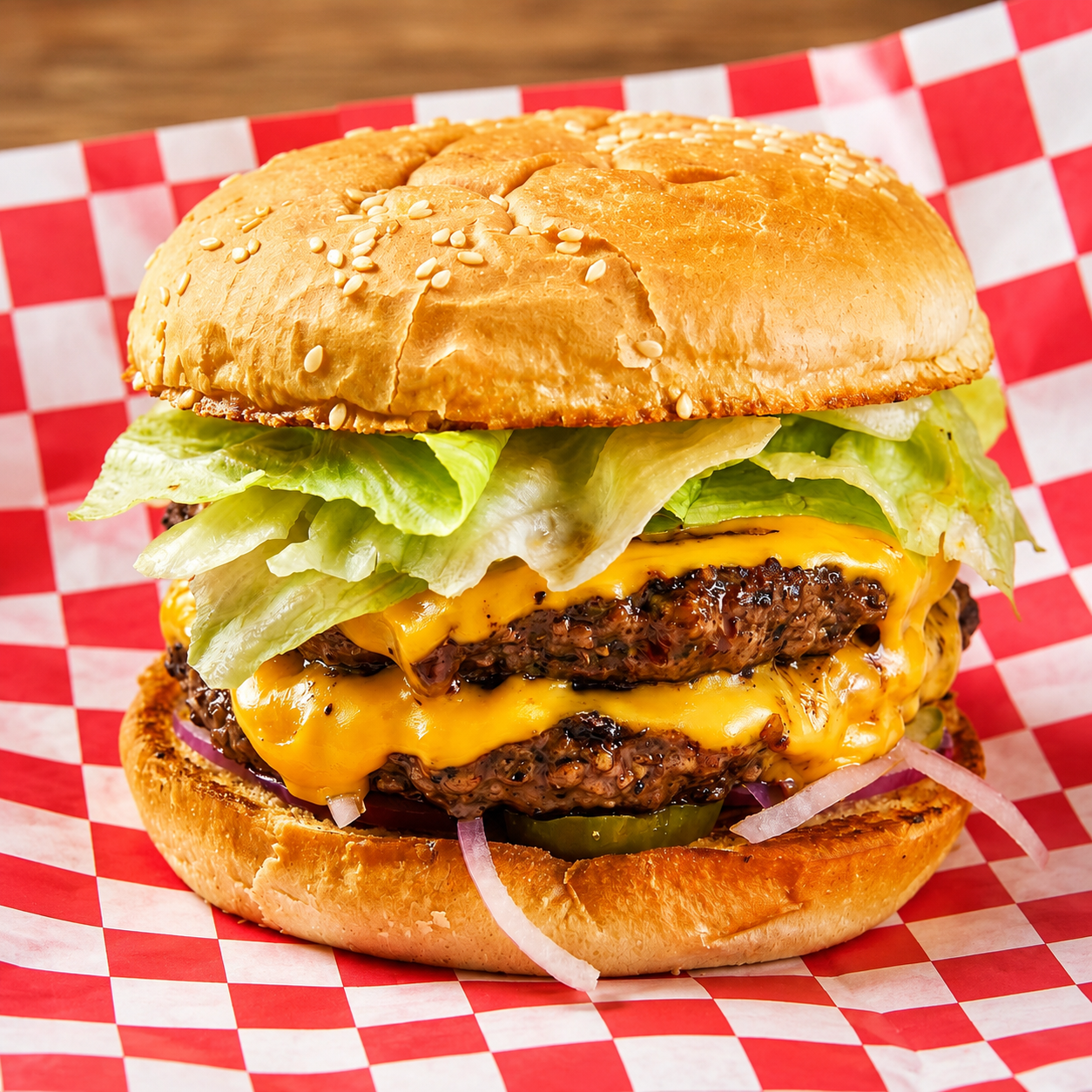 Double patty burger with melted American cheese, lettuce, onion, pickles and ketchup