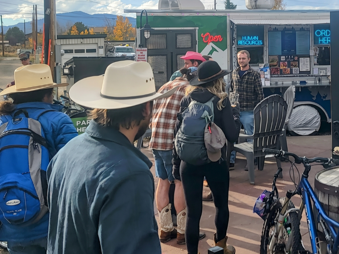 Crowd gathered at Colorado Corndog & Burger Company outside Camber Brewing Company in Fraser, Colorado