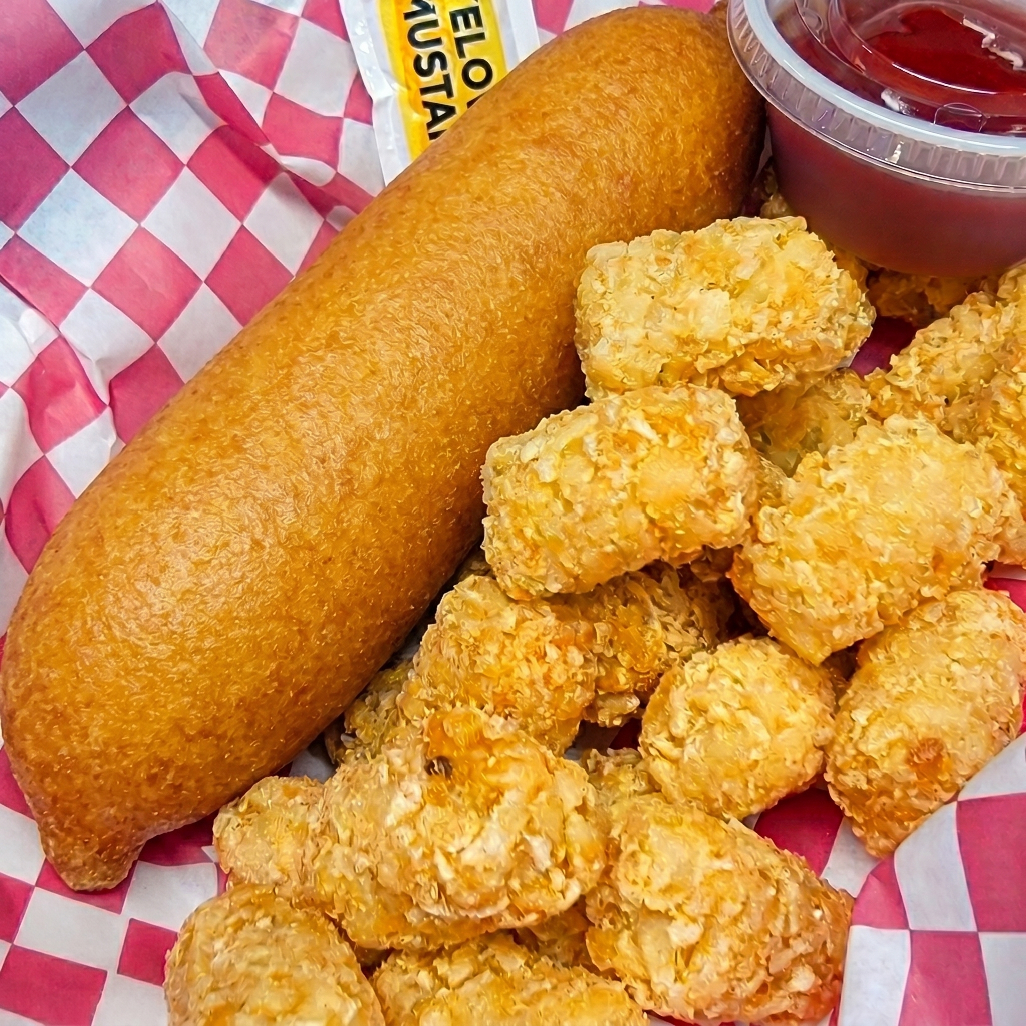 Hand-dipped corndog and crispy tots from Colorado Corndog & Burger Company in Fraser, Colorado
